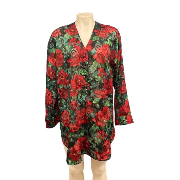 VTG Victoria's Secret Nightgrown Women Medium Red Floral See Through Sheer Tunic - Picture 1 of 12